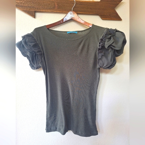Alice Olivia Womens Olive Cotton Silk Blend Ruffle Sleeve T Shirt Size S/M - Picture 1 of 7